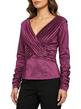 Tadashi Collection Purple Pleated Wrap V-Neck Satin Blouse Women Size 8